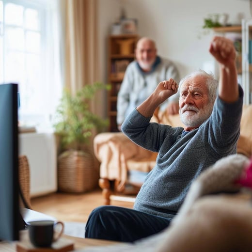 a telehealth physiotherapy session is in progress between a professional physiotherapist and an elderly client
